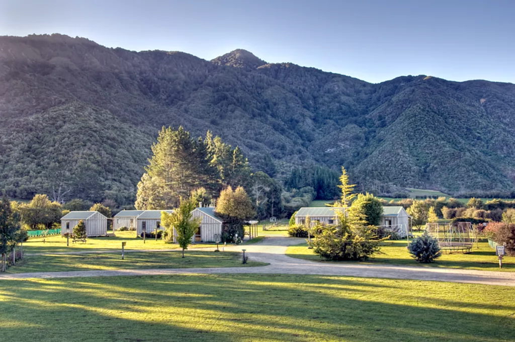 Beautifully green Smiths Farm Holiday Park – handily located for a Marlborough Sounds getaway.